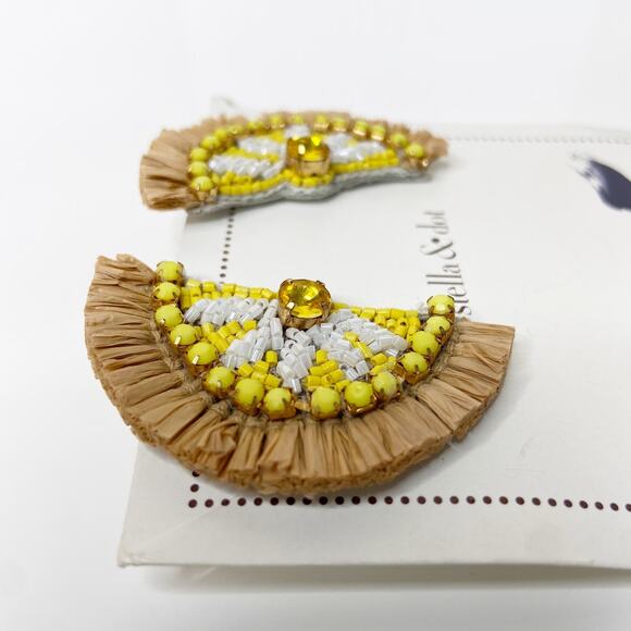 Half Circle Beaded Tassel Fringe Dangle Earrings IRaffia White Yellow - Picture 5 of 7